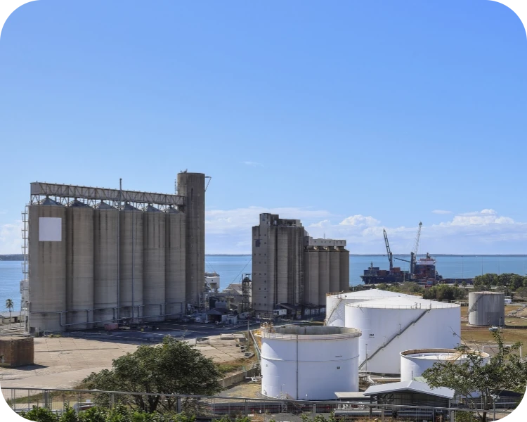 Industrial silos and storage tanks on the Queensland coast